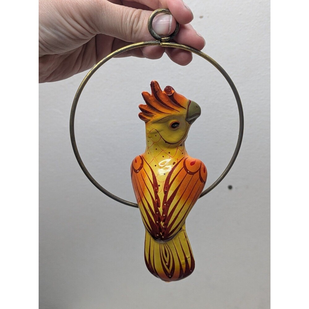 Mexico Cockatiel Tropical Bird Hanging Folk Art Vintage Metal Ring Boho Tiki